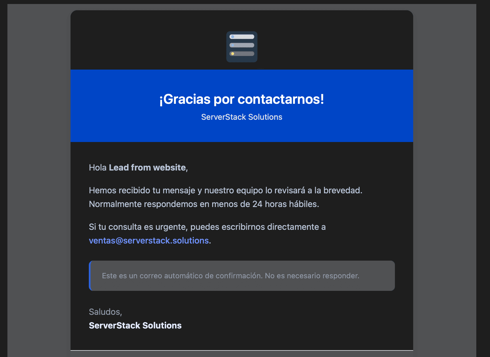 Correo de confirmación que recibe tu cliente con tu logo y mensaje personalizado