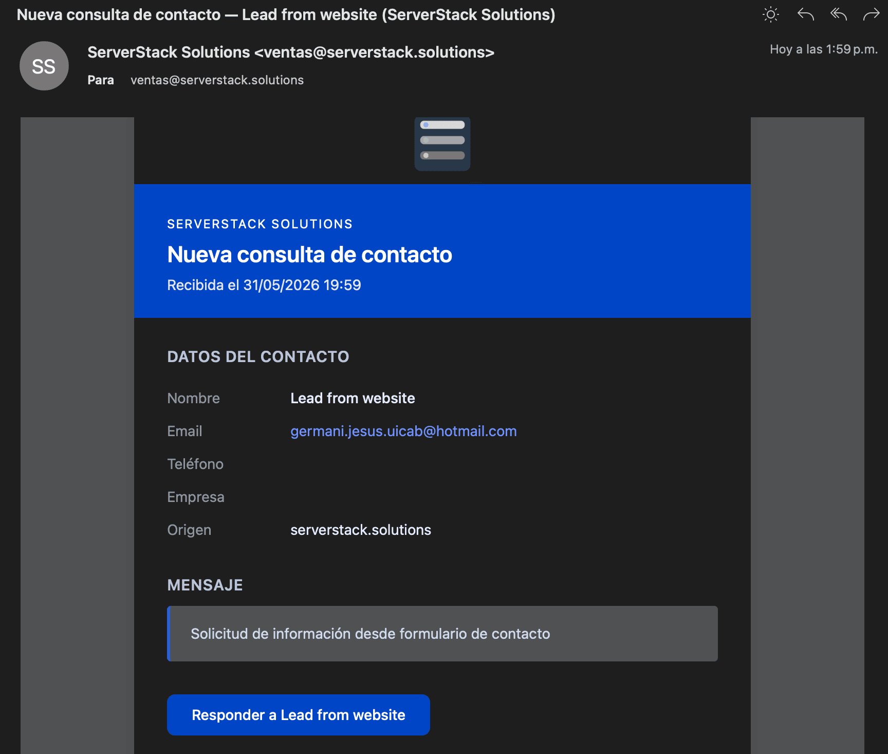 Notificación que recibes con los datos del contacto y botón para responder